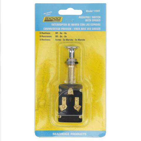 3 Position Push Pull Marine Toggle Switch Normally Off Energizes One Circuit Then Both With A Pull Saltwater Ready Brass Hardware Chrome Plated Face Nut Brass Back Up Nut Beefed Up Durable Boat Switch For Electronics And Accessories, packaged view