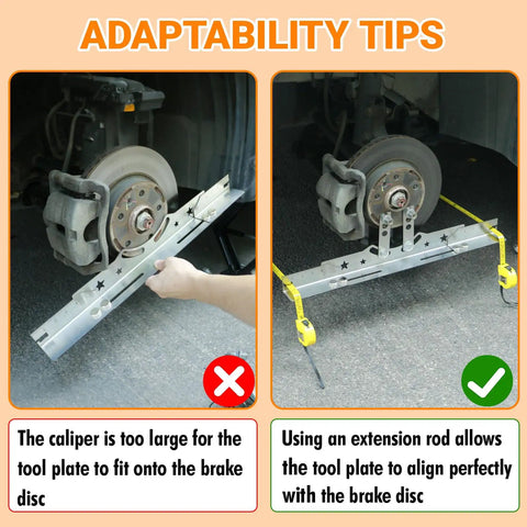 Upgraded Adjustable Toe Plates Wheel Alignment Tool Kit With Extension Rod And Measuring Tape demonstrating adaptability for brake calipers.