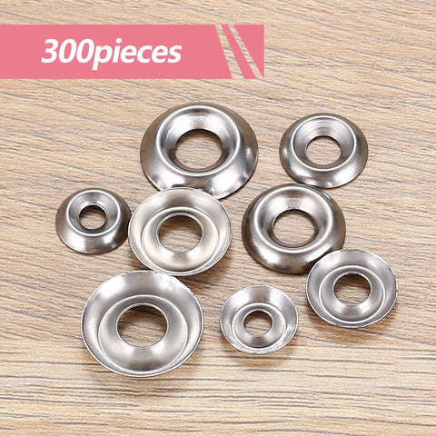 Stainless steel cup countersunk finish washers, front view, 300 pcs, sizes #6–#12.