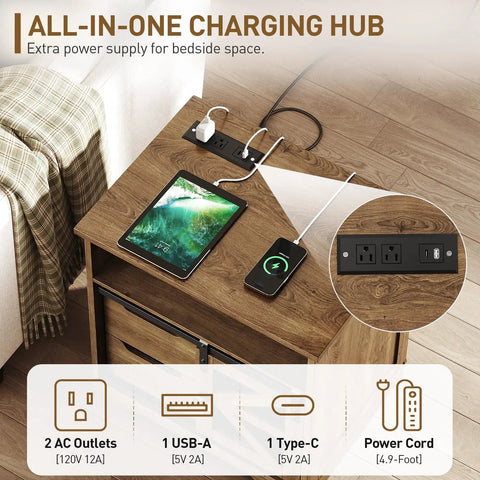 Top Shelf Farmhouse End Table With Built In Charging Station And Two Deep Storage Drawers Set Of Two showing charging hub with USB ports.