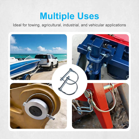 10 Pack Trailer Coupler Pins With Locking Pins in various farm and towing applications, showing heavy-duty steel design.