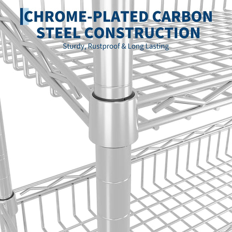 Close-up of chrome-plated carbon steel construction of Rock Solid 4 Tier Adjustable Wire Storage Rack heavy duty industrial shelving.