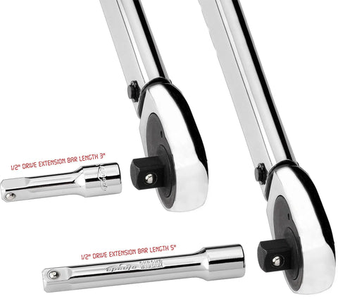 Half Inch Drive Click Torque Wrench 25-250 Ft-Lb Range with Dual Scale and Cr-V Ratchet Head, shown with extension bars.