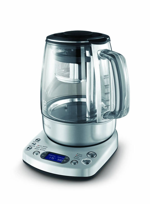 Tea Maker Infuser And Water Kettle 51 Oz Capacity With Programmable One Touch Controls And Auto Tea Basket in glass and stainless steel