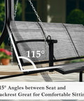 Textilene Three Seat Hanging Swing For Backyard Chill Sessions With 5.2 Ft Patio Bench Heavy Duty Outdoor Porch Swing With Sturdy Chains 660 Lb Capacity For Courtyard Garden Tree Yard showing 115-degree angle between seat and backrest for comfortable seating.