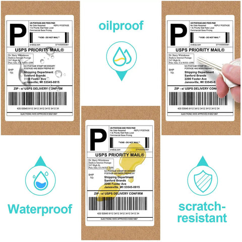 Heavy Duty 4X6 Thermal Shipping Labels 240 Count Boasting Bombproof Adhesive Sticking Like Glue Water Resistant Sheets displaying USPS labels.