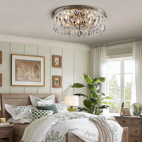 Antique Silver French Empire Crystal Semi Flush Mount Chandelier LED Ceiling Light Fixture for bedroom