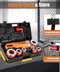 Heavy Duty Electric Pipe Threader Driven By A 2300 Watt Motor And 110V Plug in portable storage box with six interchangeable dies.
