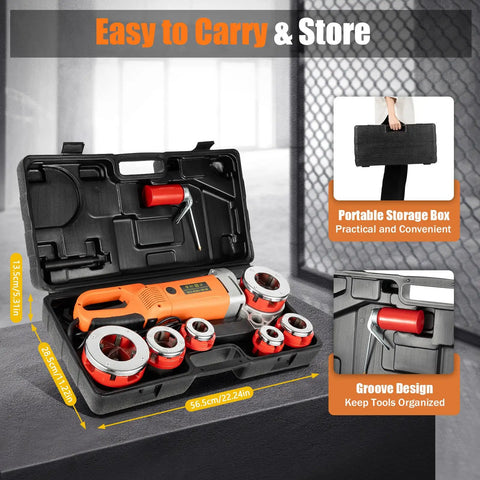 Heavy Duty Electric Pipe Threader Driven By A 2300 Watt Motor And 110V Plug in portable storage box with six interchangeable dies.