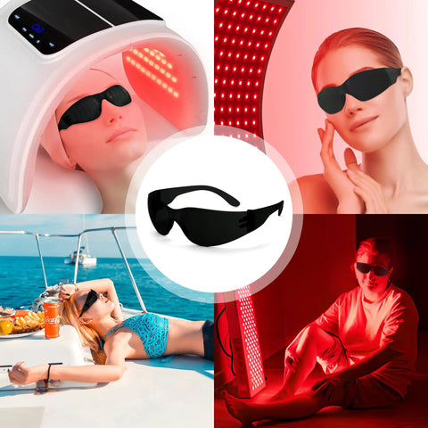 Top Shelf Red Light Therapy Glasses for Killer Eye Protection Against Tanning and Ipl Lasers, Blocks 600 to 900 Nm Rays in black wraparound style.