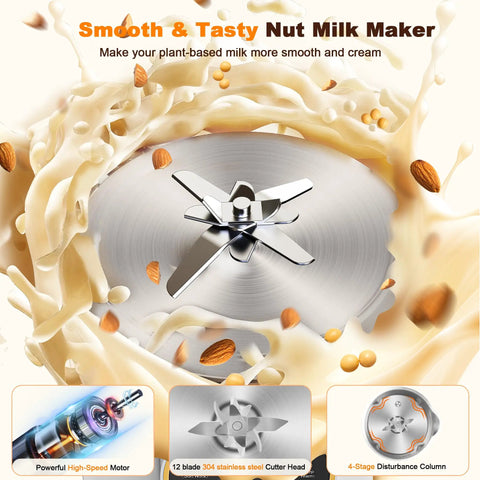 Close-up image of a 10 In 1 Plant Based Milk Maker All In One Kitchen Boss with 34 oz capacity, featuring 304 stainless steel with 12 blades.