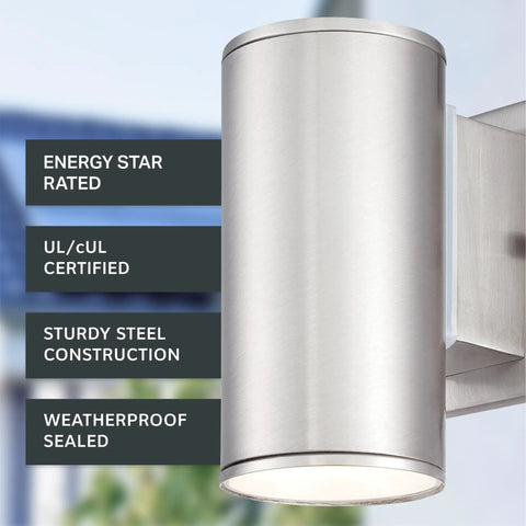 Close-up of Sleek Six Inch LED Outdoor Wall Sconce For Front Door And Wraparound Porch Bringing Darn Bright Integrated Bulb Free Illumination In Smooth Satin Platinum.