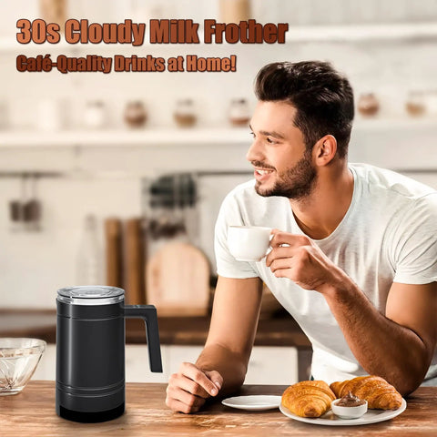 Man enjoying coffee with 4 In 1 Milk Frother And Steamer For Home Baristas With Hot And Cold Froth Milk Warming And Chocolate Milk Maker