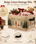 Cheer Up Your Spaces With This Merry Christmas Nutcracker Collapsible Storage Bin Foldable Box for Stashing Seasonal Gear Toys and Swag Easy to Squish Flat for Hassle Free Organization and Party Ready Vibes, beige linen 14.2x10.6x10.6 inches storage bin with holiday theme.