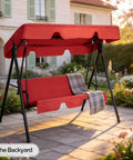 Outdoor Porch Swing With Adjustable Canopy Powder Coated Steel Frame And Heavy Duty Stand For Patio Backyard Garden Or Lawn With Comfy Cushions And Weather Resistant Glider Seat In Red in backyard setting