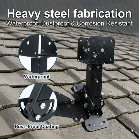Beefed Up Heavy Duty Adjustable Patio Roof Riser Bracket waterproof and rust-proof in the rain, mounted on a roof tile, focus keyword included.