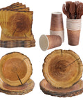 144 Pcs Disposable Rustic Wood Grain Slice Tableware Set for 24 Guests with plates, cups, and utensils displayed