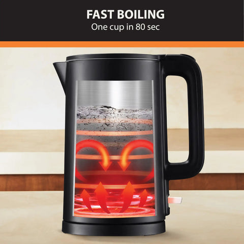 1.5L Cordless Electric Kettle With Cool Touch Exterior And Stainless Steel Interior Boils One Cup In 80 Seconds Black