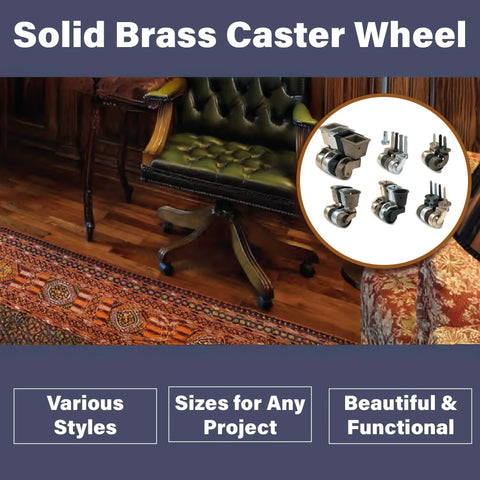 Vintage Solid Brass Square Cup Caster Wheels For Furniture Restoration Hella Smooth Rolling Heavy Duty Antique Replacement Hardware Bronze Rugged Design Easy Install Long Lasting displayed on a wooden floor with a stylish chair.