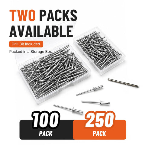100 Piece Aluminum Blind Rivets One Quarter X Three Quarters Inch With Steel Mandrels in storage box with drill bit