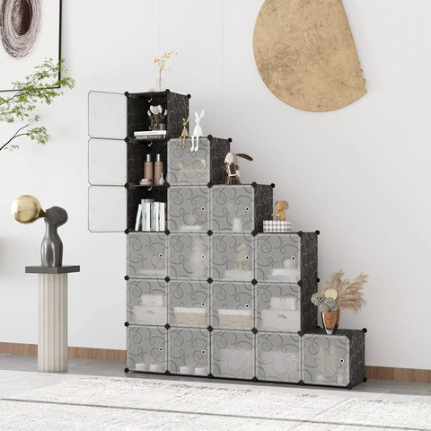Twenty Cube Storage Organizer With Doors For Bedroom And Living Room Modular Plastic Shelving Unit With Big Capacity in black set up against a wall