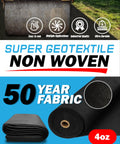 Heavy Duty 4 Ounce Non Woven Geotextile Fabric For Landscaping Drainage French Drains Underlayment Erosion Control And Construction Projects Easy To Cut Quick Install Durable Material 3x50 Pack visible in black rolls with durability icons.