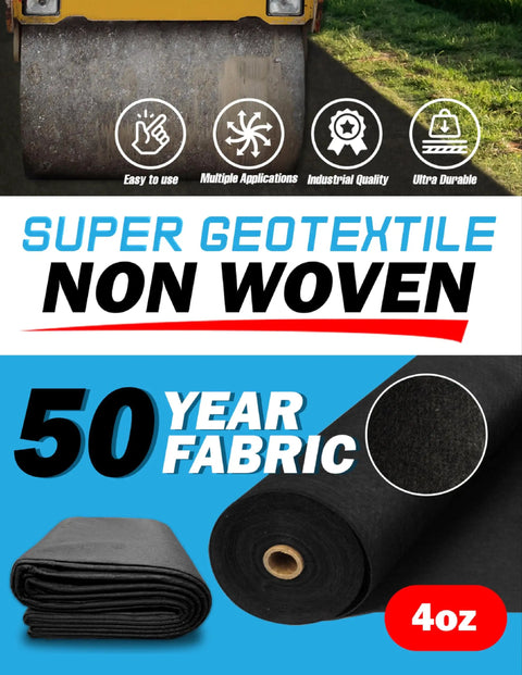 Heavy Duty 4 Ounce Non Woven Geotextile Fabric For Landscaping Drainage French Drains Underlayment Erosion Control And Construction Projects Easy To Cut Quick Install Durable Material 3x50 Pack visible in black rolls with durability icons.