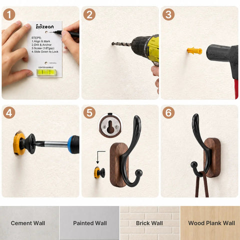Step-by-step installation of 4 Pack Wall Mounted Coat Hooks Heavy Duty Double Design Hang Your Fits Smoothly Premium Walnut Wood Black Metal Frame.