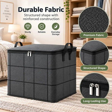 Heavy Duty Foldable Storage Bins With Tight Lids Super Spacious For Winter Throws And Pillows Big Handles Double Zipper Setup black fabric storage bin with structured design