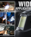 Auto Darkening Welding Helmet With Blue Light Blocking True Color Lens, Solar Powered Hood, showcases MIG, STICK, TIG, GRIND uses