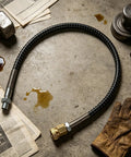 Heavy Duty Knockout Compressed Air Hose Featuring Leak Proof Steel Brass Connectors And Anti Knot Spring Sleeve on workshop floor.