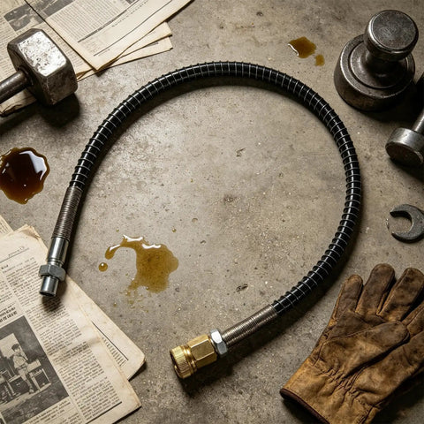 Heavy Duty Knockout Compressed Air Hose Featuring Leak Proof Steel Brass Connectors And Anti Knot Spring Sleeve on workshop floor.