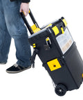 Rolling Tool Chest On Wheels With Drawers And Stackable Compartments For On The Go Jobs being pulled by handle