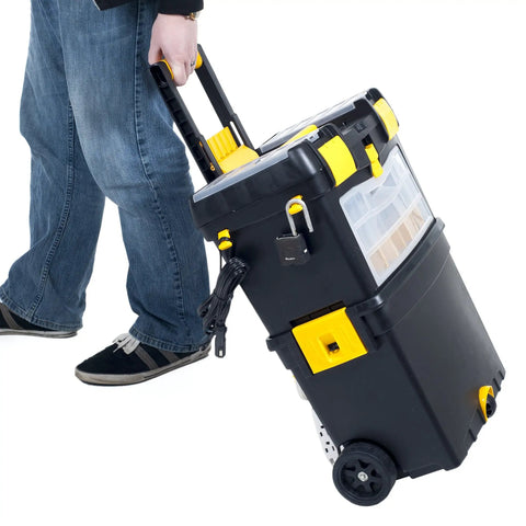 Rolling Tool Chest On Wheels With Drawers And Stackable Compartments For On The Go Jobs being pulled by handle