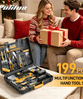 20V Cordless Power Drill Kit With Dual Speed Motor And Two Rechargeable Batteries Featuring Hella Tough Electric Screwdriver LED Work Light 199 Piece Home DIY Toolkit on a table with gifts.