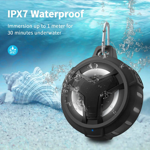 Bluetooth Shower Speaker With LED Light, IP67 Waterproof And Floating, 2000mAh Battery, submerged in water showing durability.