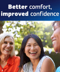 Three women smiling outdoors under text 'Better comfort, improved confidence', showcasing Ultra Max Hold Denture Adhesive Two Point Two Ounce Size All Day Strong Seal That Keeps Food From Getting Between Dentures And Gums And Helps Prevent Soreness For A Comfortable Confident Smile.