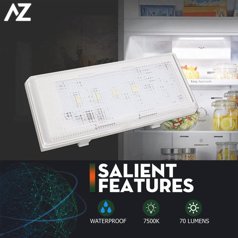 Plug And Play Refrigerator LED Light Replacement With Housing For Ceiling Right Side Easy Install Fits WRS322 And WRS325 Series Fridges Main LED Control Board Included, close-up view showing white LED module and housing details.