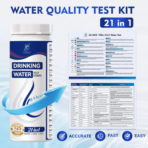 21-In-1 Water Test Strips 125 Count pH Hardness Lead Mercury Chlorine Nitrate Fluoride Heavy Metal Test Kit with detailed chart.