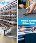 Custom fabric production with cutting tools, sewing machine, and textile rolls, highlighting U.S. made quality and craftsmanship.