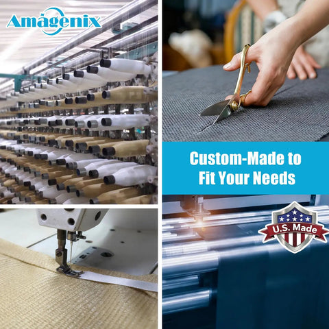 Collage of fabric rolls, cutting tools, sewing machine, and U.S. Made label for custom textile manufacturing by Amagenix