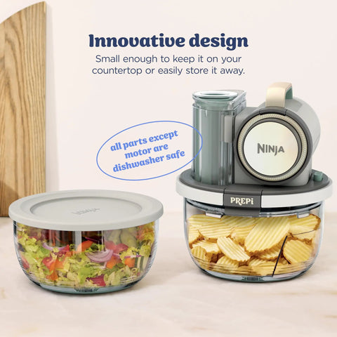 5 In 1 Kitchen Prep And Storage Bowl System Featuring Crinkle Slice And Shred Blades, showcasing dishwasher-safe bowls with secure lids.