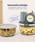 Five In One Food Prep And Storage Bowl System With Crinkle Slicing Shredding Functions dual containers with salad and chips visible.