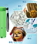 Green flashlight with black lanyard and images showing uses: money authenticity, scorpions detection, body paint, and liquid leak check.