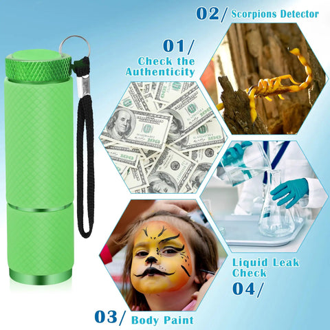 Green flashlight with black lanyard and images showing uses: money authenticity, scorpions detection, body paint, and liquid leak check.