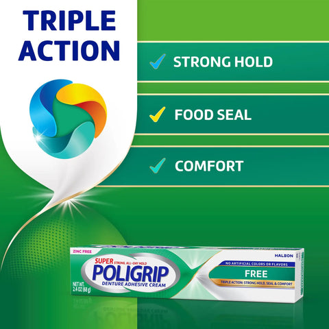 Strong All Day Hold Denture Adhesive Cream With Food Seal For Comfort Flavor Free And Zinc Free 2.4 Oz Tubes 4 Pack