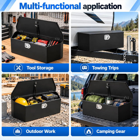 Beefy Heavy Duty Steel Trailer Tongue Box For Pickup And RV Featuring Cold Rolled A Frame Storage Setup, shown in multiple outdoor uses.