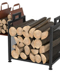 Built Tough Indoor Firewood Rack With Leather Carrier 17.32 Inch Metal Wood Storage Stand For Fireplace Patio Or Deck Black