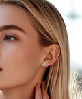 Close-up of a woman wearing Badass Lab Created Moissanite Stud Earrings With Blazing Fire Sparkle Hypoallergenic Titanium Screw Back.