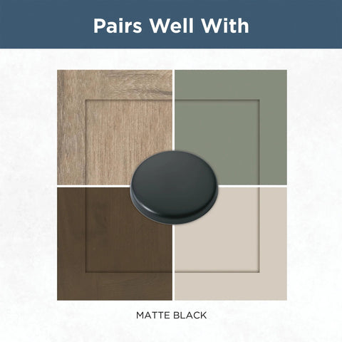 Matte Black Cabinet Handles 5-1/16 Inch Center To Center 128mm 10 Pack Modern Drawer Pulls shown with wood and color samples.